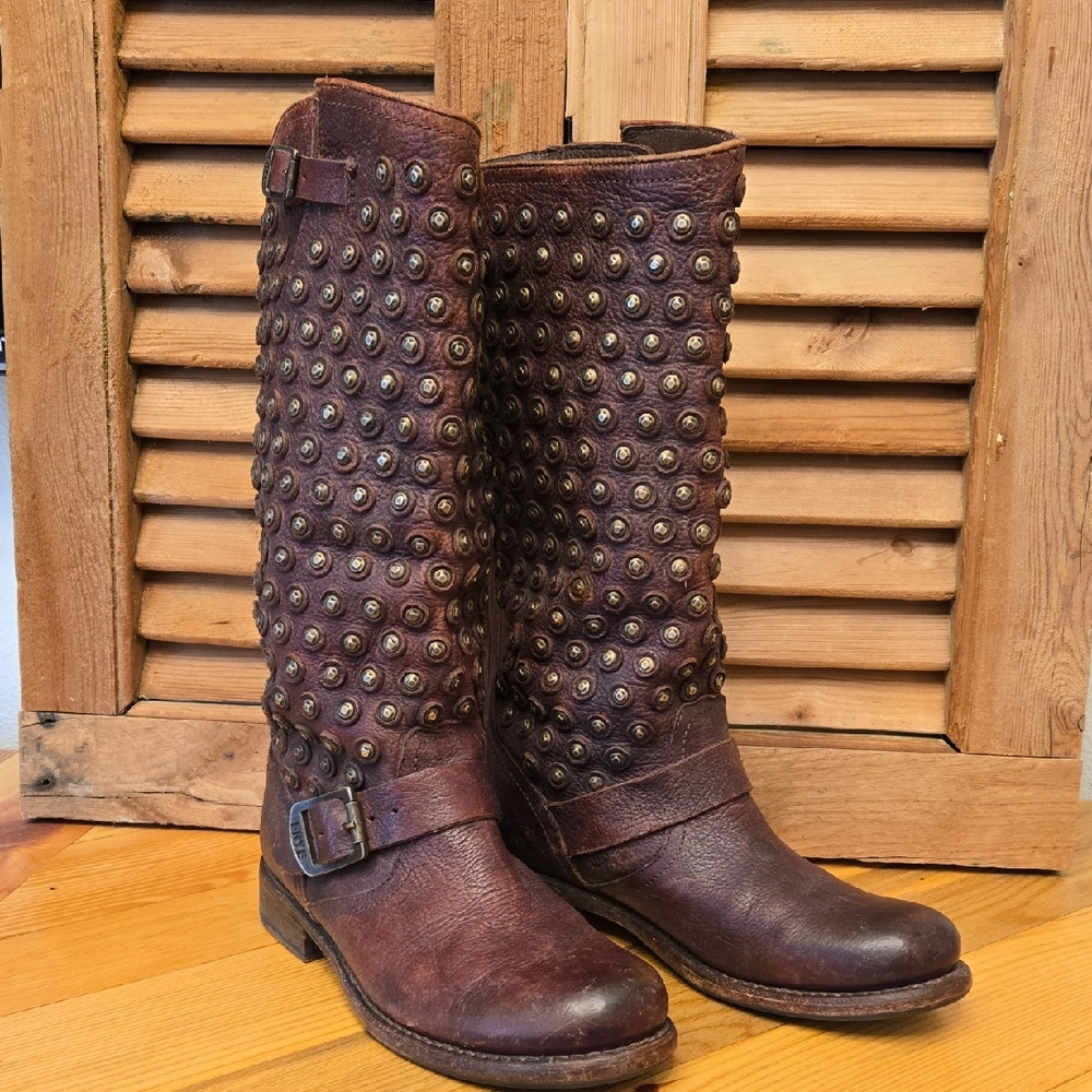 FRYE Jenna Disc Tall Brown Leather Boots, Sz 7